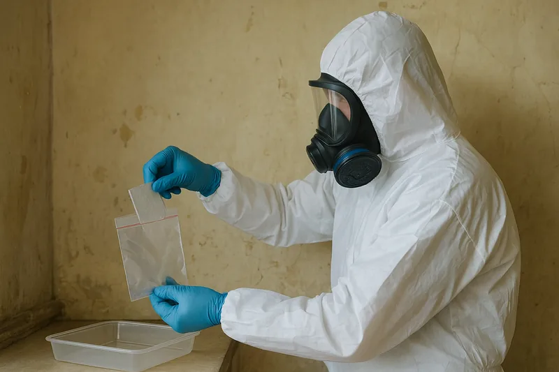 A person in white coveralls, hood, full-face respirator and blue gloves holding a small piece of grey board above a clear resealable bag over a plastic tray — asbestos assessment and testing, Canberra. Illustrative example.