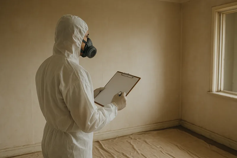 A person in white coveralls, hood and half-face respirator seen from behind, holding a blank clipboard and looking at a painted wall in an empty room, dust sheets on the floor — asbestos removal before renovation or selling, Canberra. Illustrative example.
