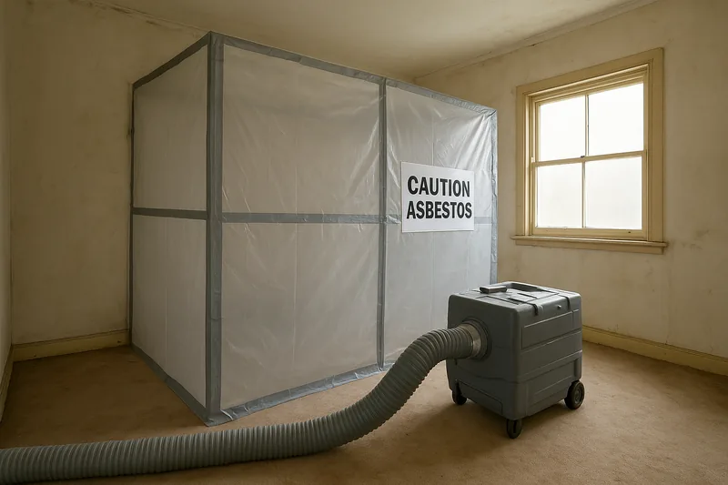 A bare room of an older house with a sealed enclosure of clear plastic sheeting taped at the seams, a white sign on it reading CAUTION ASBESTOS, and a grey extraction unit connected by a flexible duct — friable asbestos removal, Canberra. Illustrative example.
