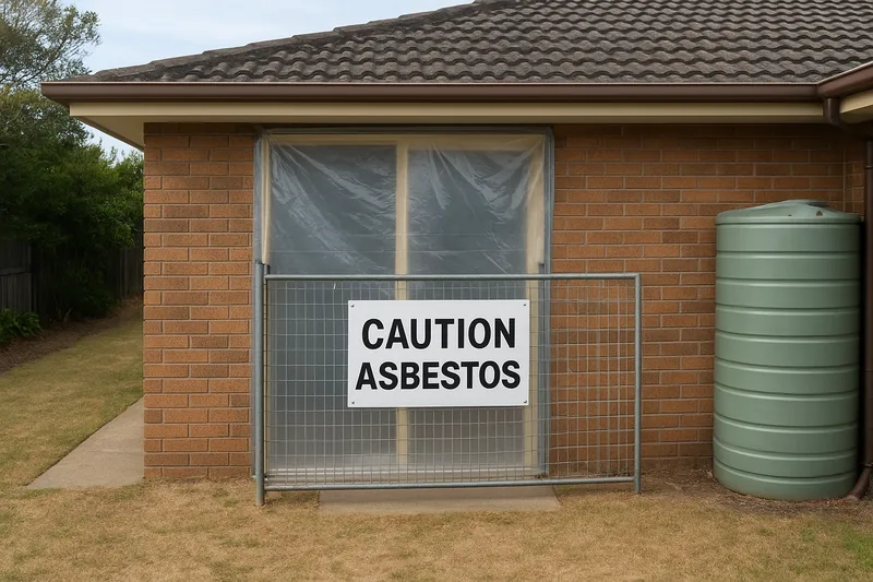 The side of a brick-veneer house with a doorway covered in clear plastic sheeting behind a mesh fence panel that carries a white sign reading CAUTION ASBESTOS, a green rainwater tank beside it — asbestos removal, Canberra. Illustrative example.