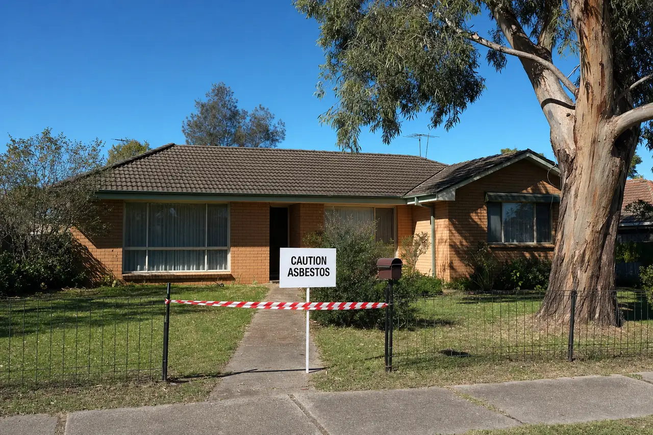 A single-storey brick-veneer house with a cement-tile roof behind a low black fence and a grassed nature strip, red-and-white tape strung across the concrete path with a white sign reading CAUTION ASBESTOS on a stake beside it, a large eucalypt at the right — asbestos removal, Canberra. Illustrative example.