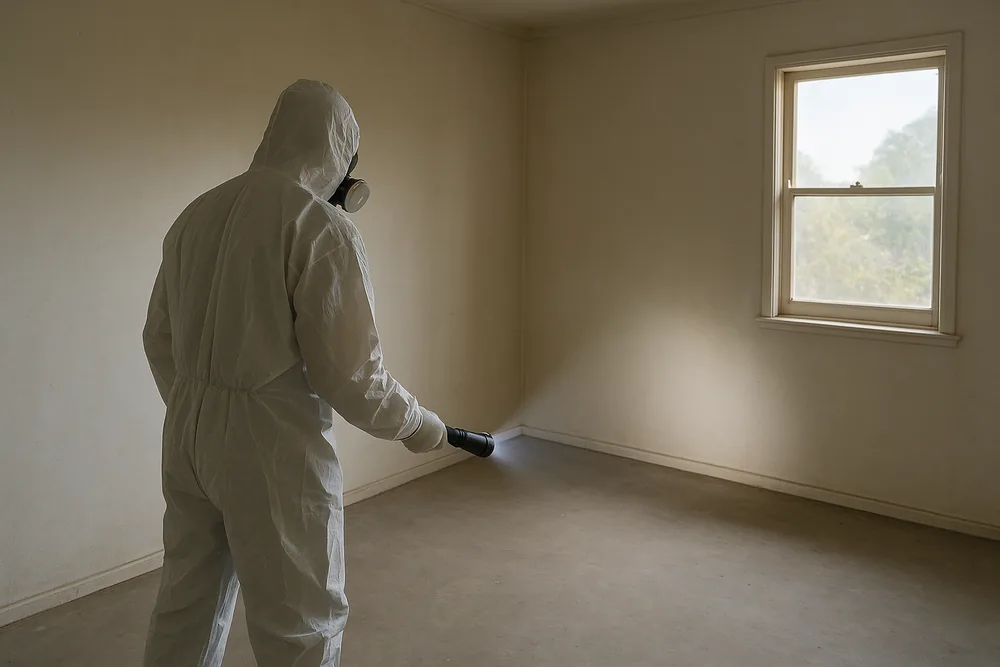 A person in white coveralls and hood shining a torch across the floor of an empty room with a sash window — asbestos assessment and testing, Canberra. Illustrative example.