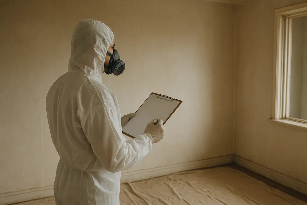 A person in white coveralls, hood and half-face respirator seen from behind, holding a blank clipboard and looking at a painted wall in an empty room, dust sheets on the floor — asbestos removal before renovation or selling, Canberra. Illustrative example.