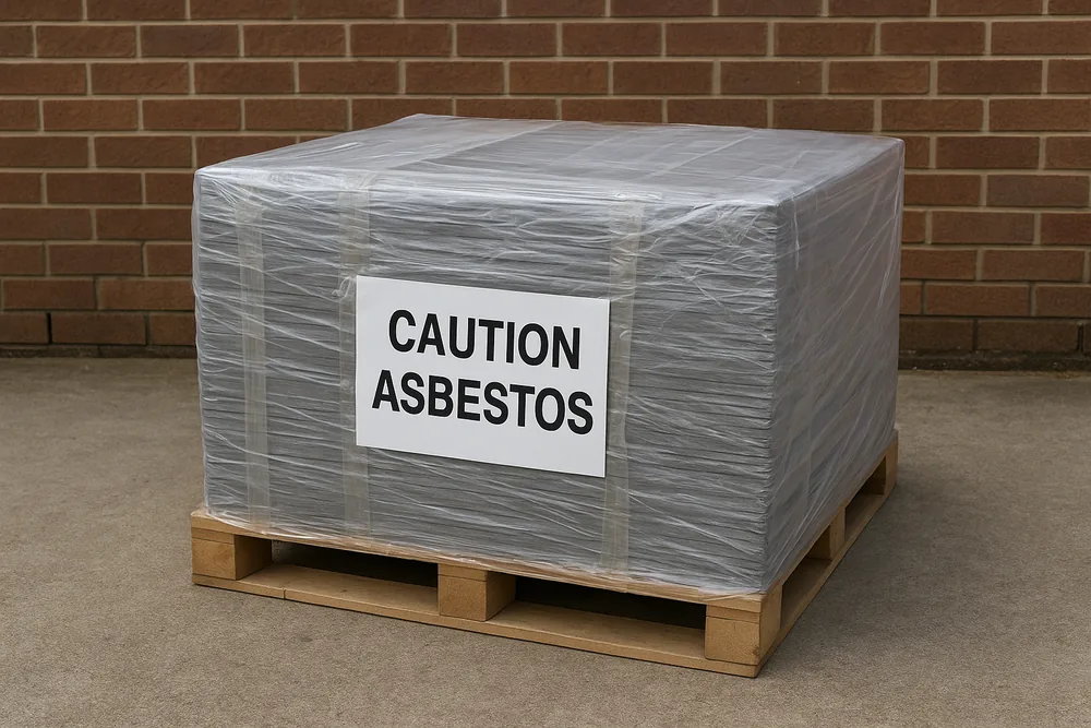 A stack of flat grey sheets on a wooden pallet, wrapped in clear plastic and taped, with a white label reading CAUTION ASBESTOS, in front of a brick wall — non-friable asbestos removal, Canberra. Illustrative example.