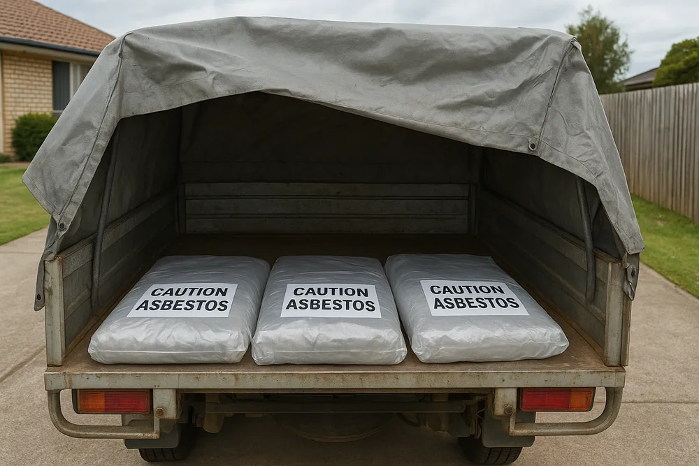 The open back of a utility vehicle under a grey tarpaulin with three flat wrapped packages, each labelled CAUTION ASBESTOS, on a suburban driveway — asbestos disposal, Canberra. Illustrative example.