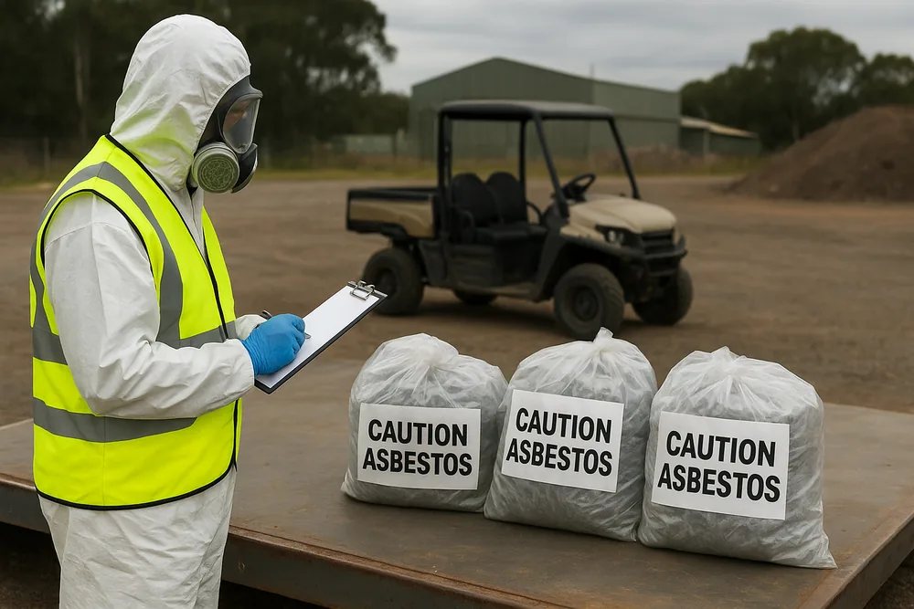 A person in a high-visibility vest, coveralls and respirator holding a clipboard beside three wrapped bags each labelled CAUTION ASBESTOS on a flat steel platform, a small utility vehicle behind — asbestos disposal, Canberra. Illustrative example.