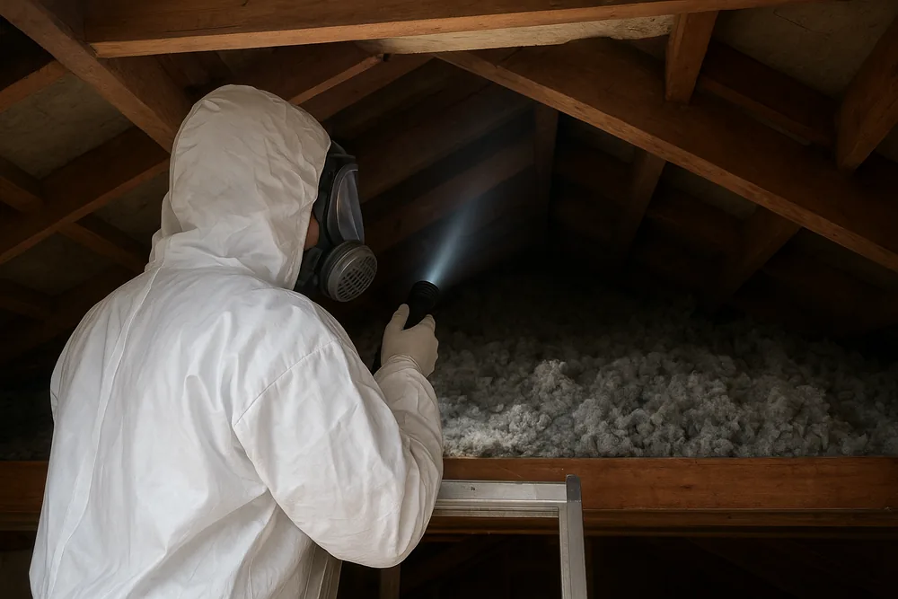 A person in white coveralls, hood and respirator seen from behind, shining a torch along a roof space where grey loose insulation lies between the timbers — loose-fill asbestos removal, Canberra. Illustrative example.