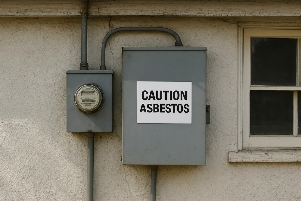 A grey meter box and switchboard on a rendered wall with a white tag fixed to the switchboard door reading CAUTION ASBESTOS — loose-fill asbestos removal, Canberra. Illustrative example.